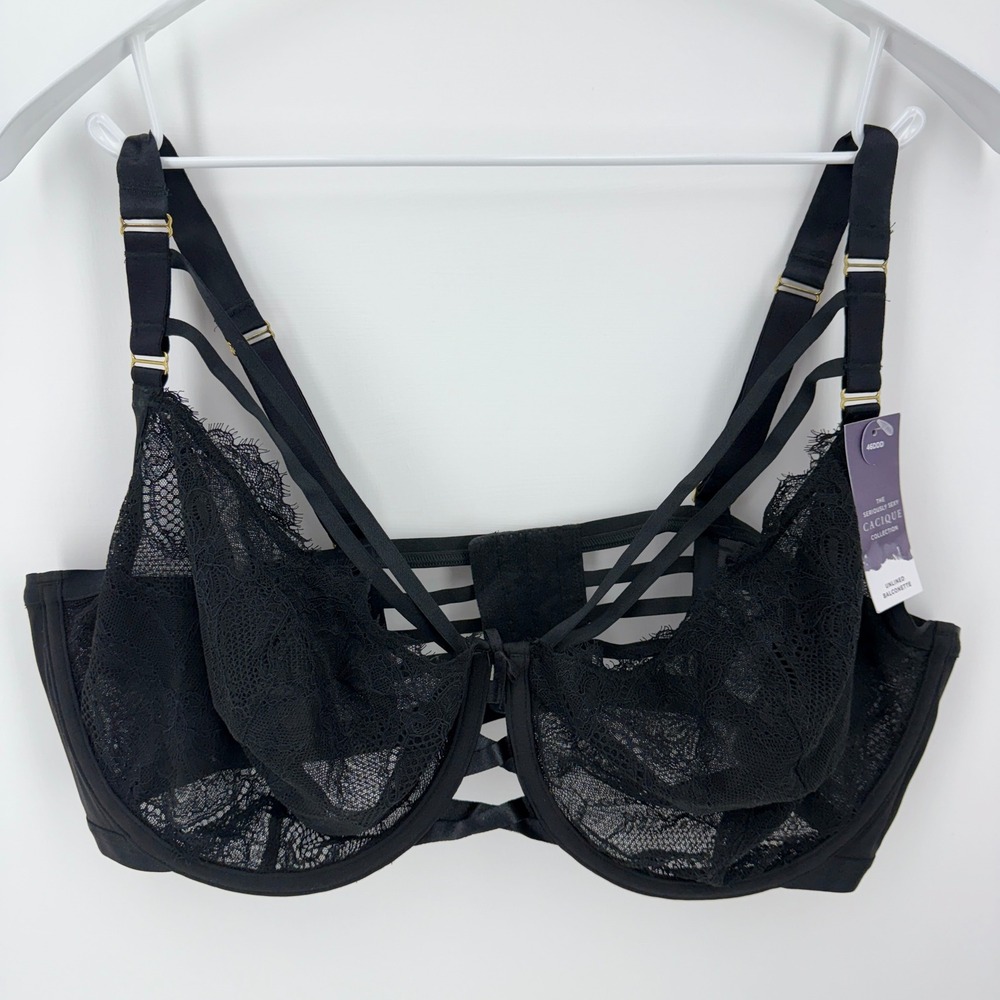 Cacique 46DDD Black Unlined Balconette Lace Cage Bra‎ Unlined Seriously Sexy NEW